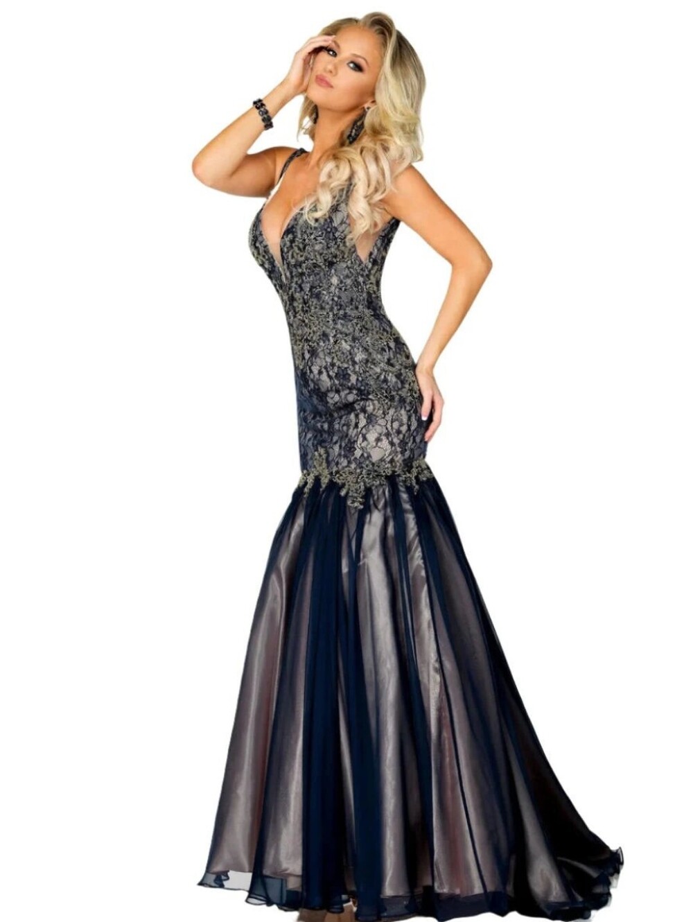 NWT Envious Couture Size 14 Navy Prom Dress Lace Chiffon Mermaid - Picture 1 of 9
